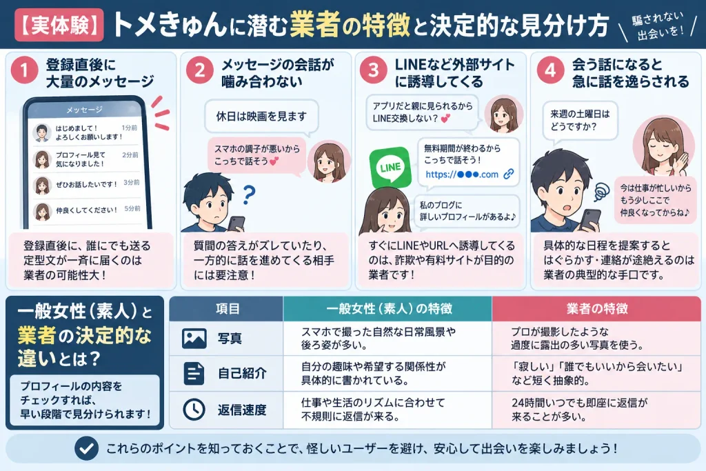 【実体験】トメきゅんに潜む業者の特徴と決定的な見分け方