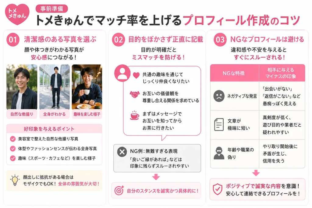 【事前準備】トメきゅんでマッチ率を上げるプロフィール作成のコツ